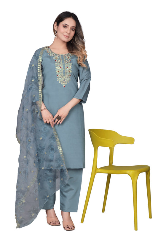 Grey Embroidered Straight-Cut Salwar Suit Set