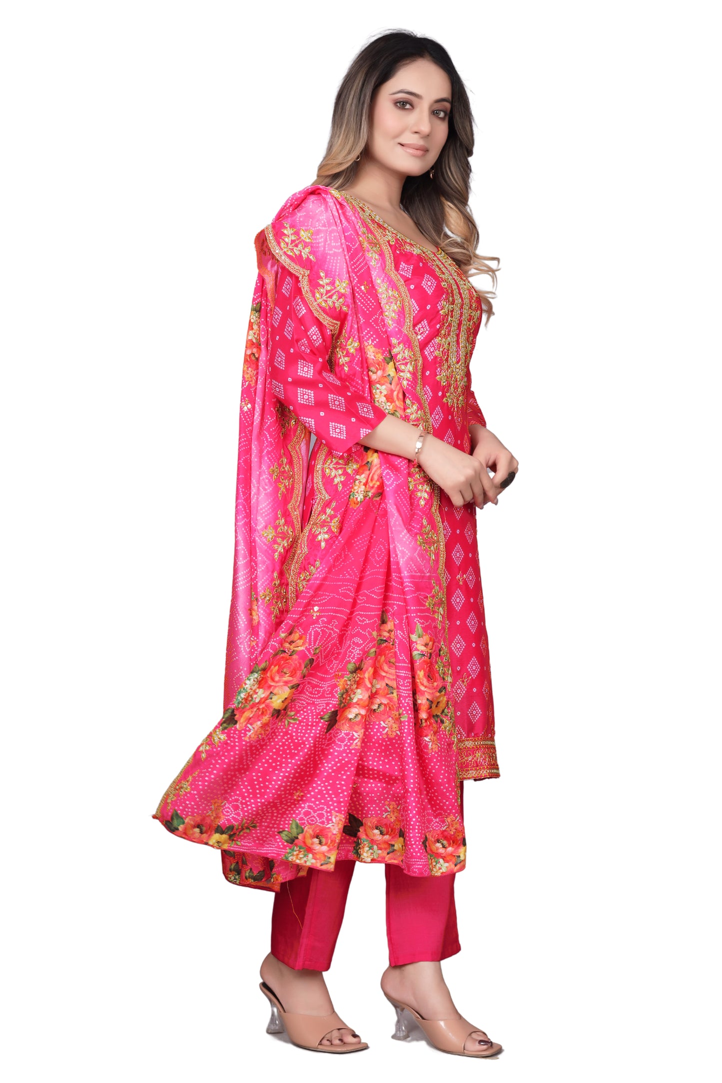 Pink Printed Kurta Set with Embroidered Neckline & Dupatta