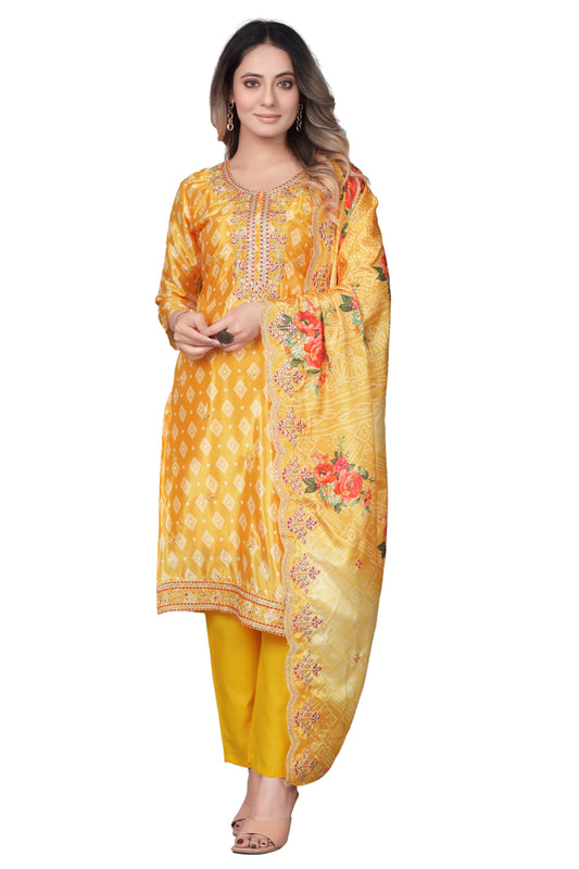 Yellow Printed Kurta Set with Embroidered Neckline & Dupatta