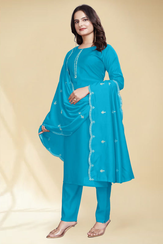 Stylish Firozi Solid Kurta Set with Embroidered Dupatta | Elegant Ethnic Wear for Women