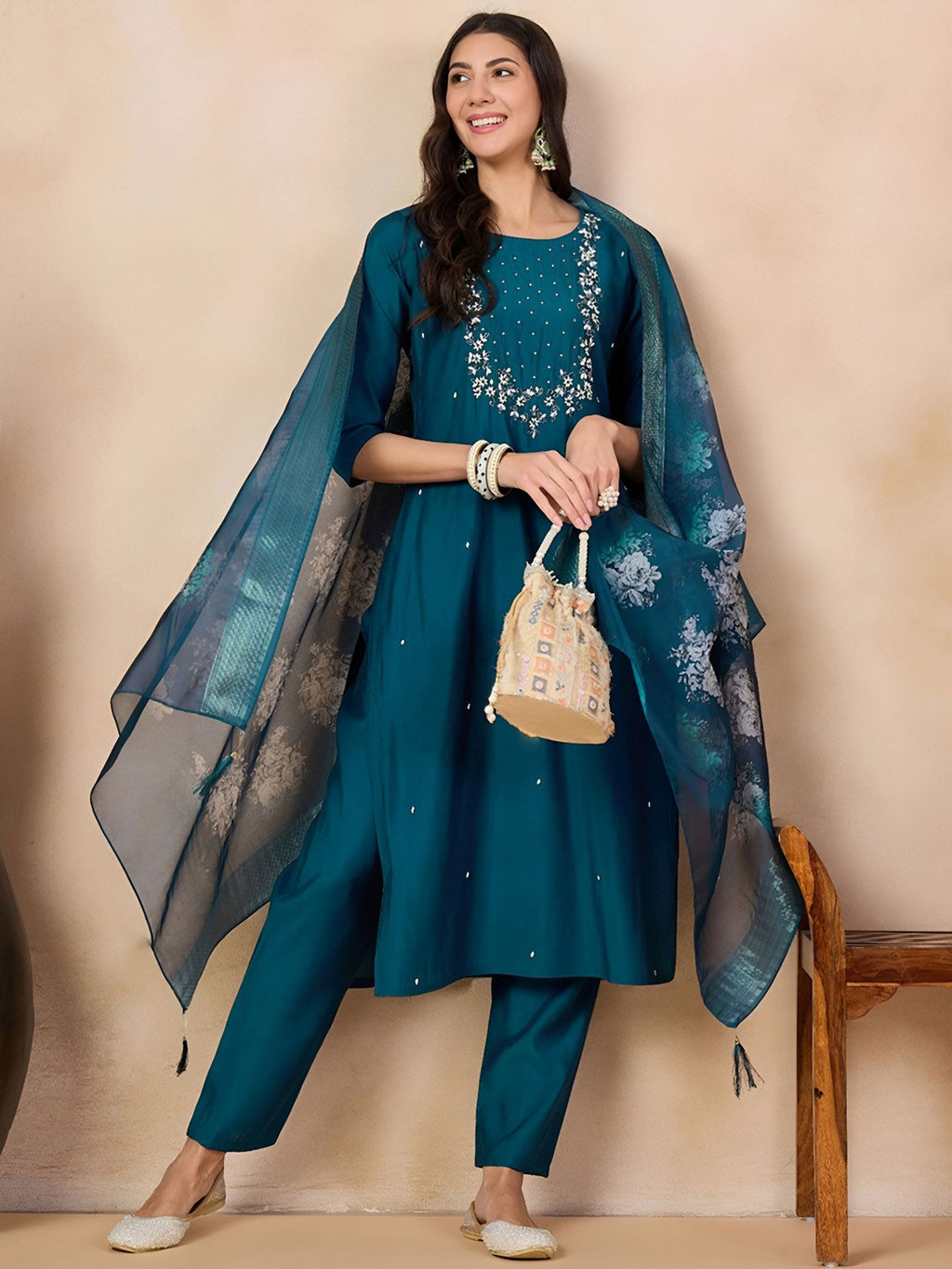 Elegant Teal Embroidered Kurta Set with Floral Organza Dupatta