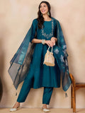 Elegant Teal Embroidered Kurta Set with Floral Organza Dupatta