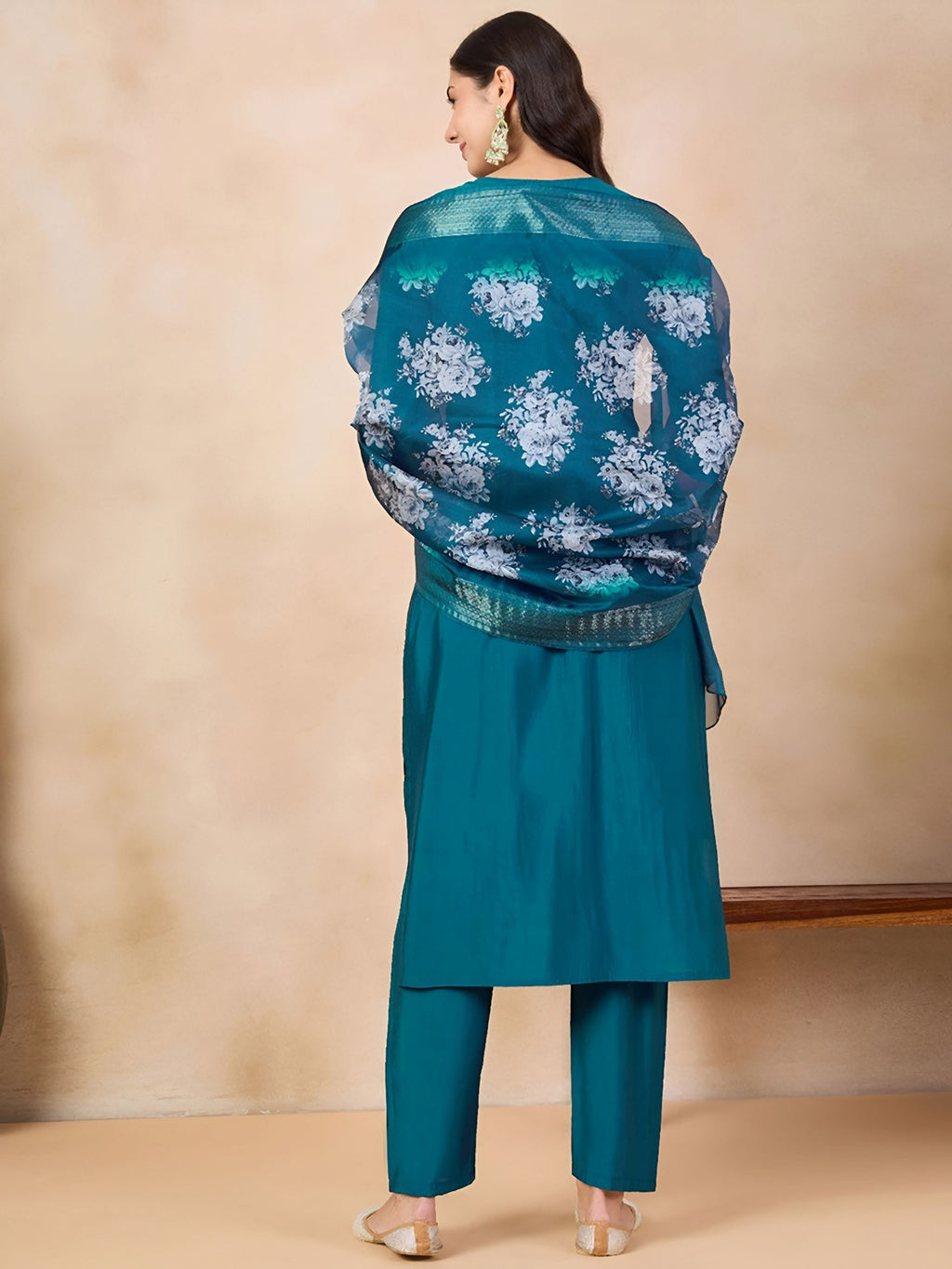 Elegant Teal Embroidered Kurta Set with Floral Organza Dupatta