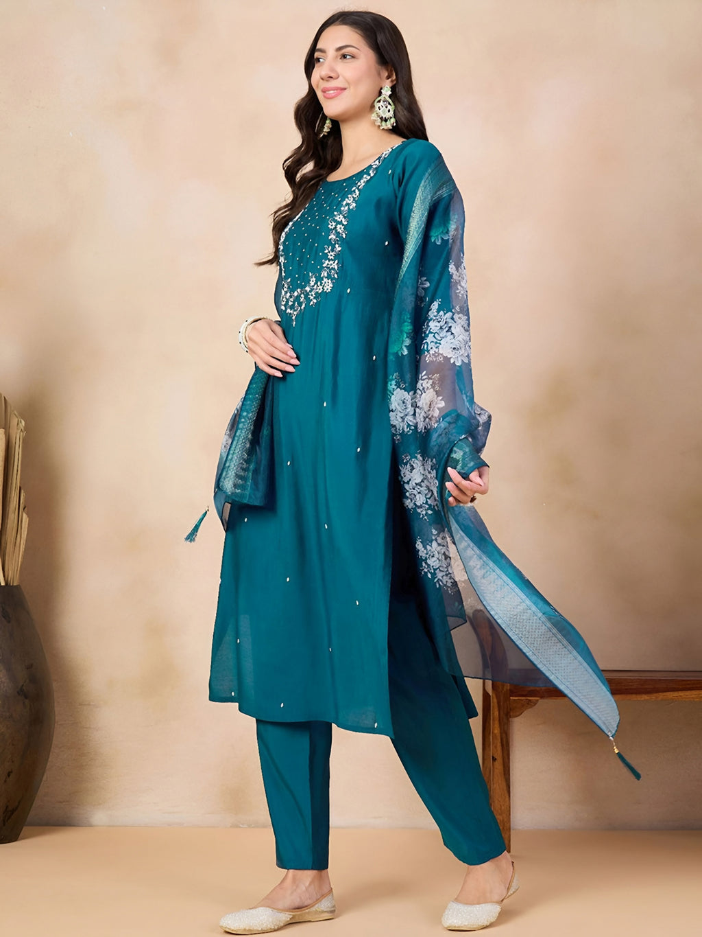 Elegant Teal Embroidered Kurta Set with Floral Organza Dupatta
