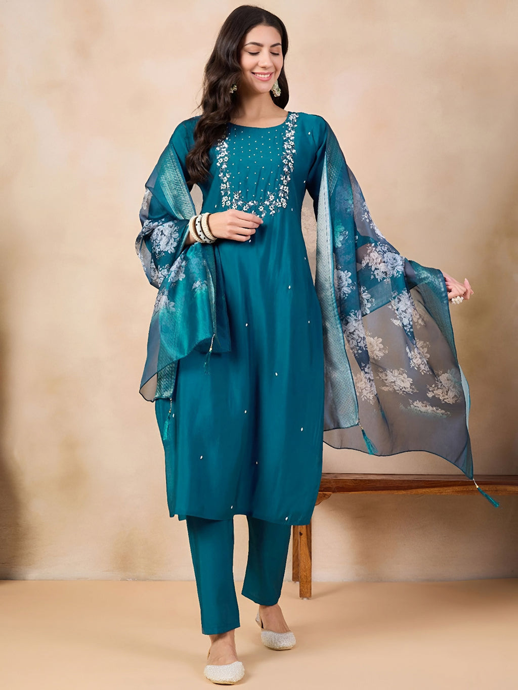 Elegant Teal Embroidered Kurta Set with Floral Organza Dupatta