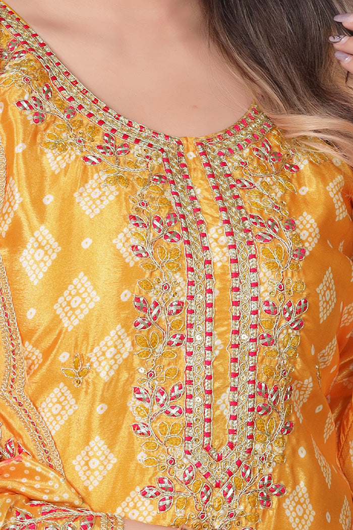 Yellow Printed Kurta Set with Embroidered Neckline & Dupatta