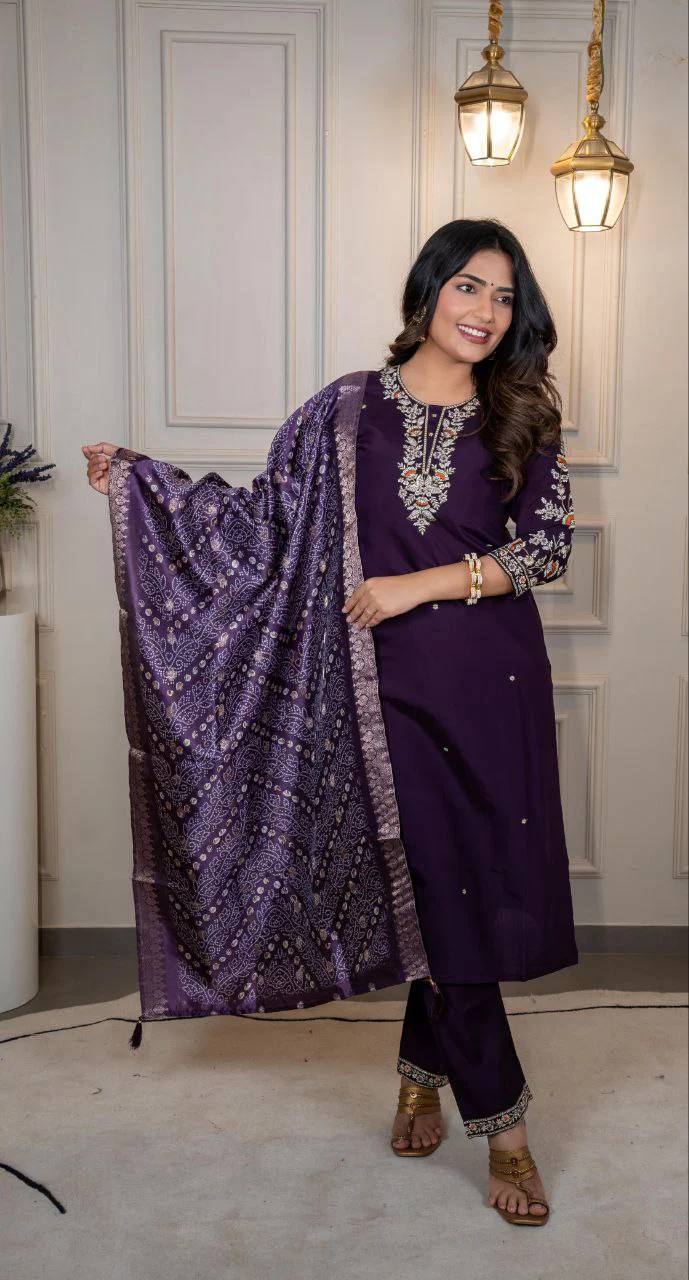 Royal Plum Embroidered Kurta Pant Set with Woven Jacquard Dupatta