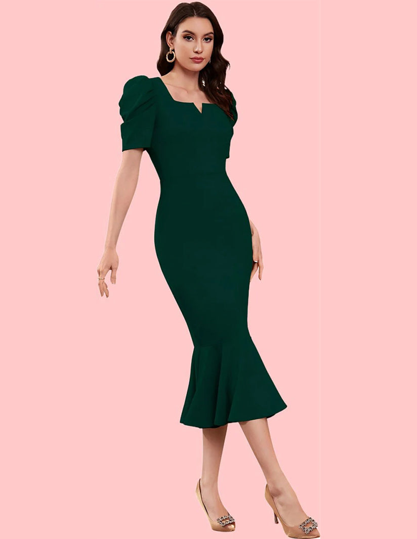 Elegant Green Mermaid Midi Dress with Puff Sleeves and Notch Neckline