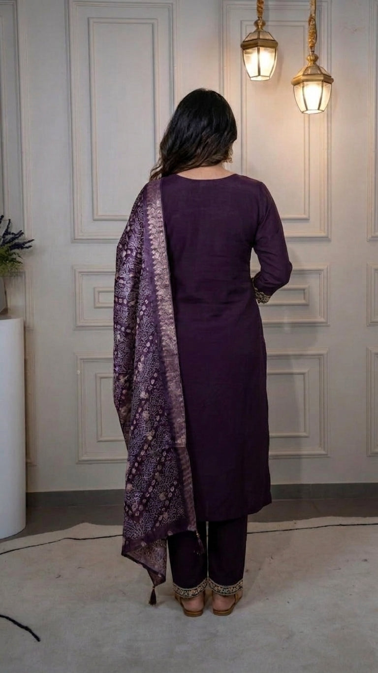 Royal Plum Embroidered Kurta Pant Set with Woven Jacquard Dupatta