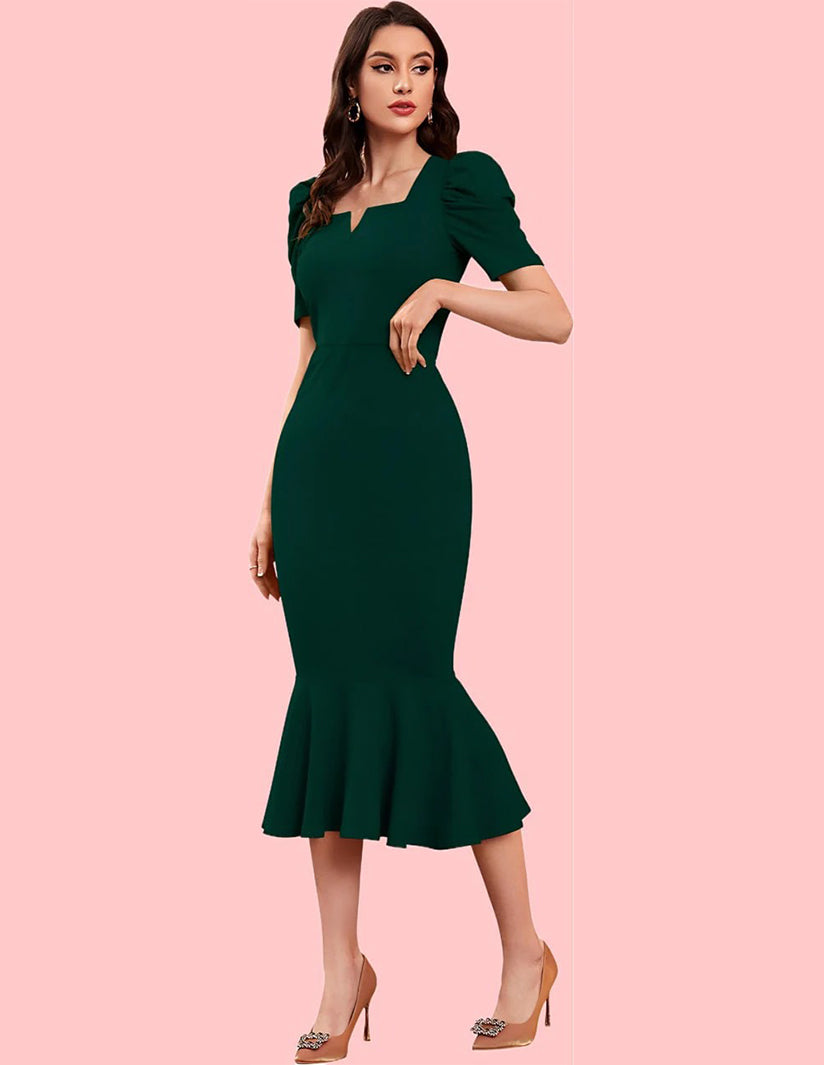 Elegant Green Mermaid Midi Dress with Puff Sleeves and Notch Neckline