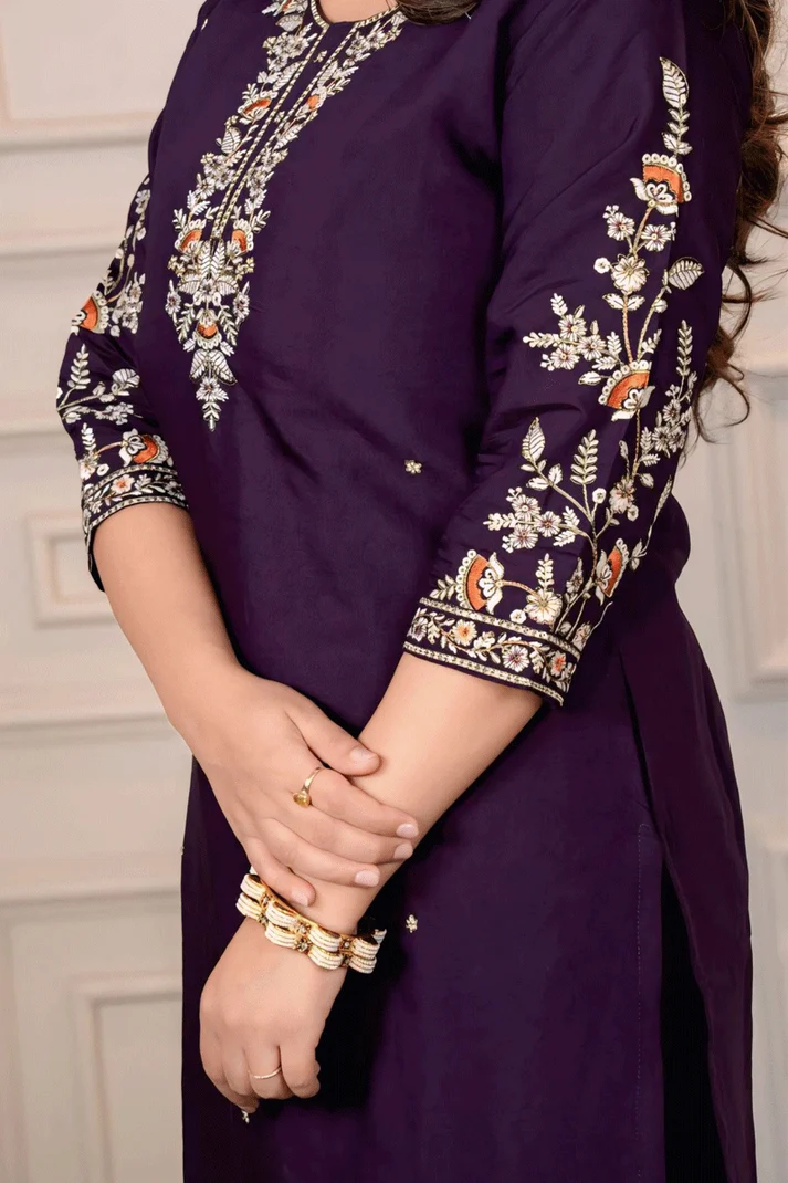 Royal Plum Embroidered Kurta Pant Set with Woven Jacquard Dupatta