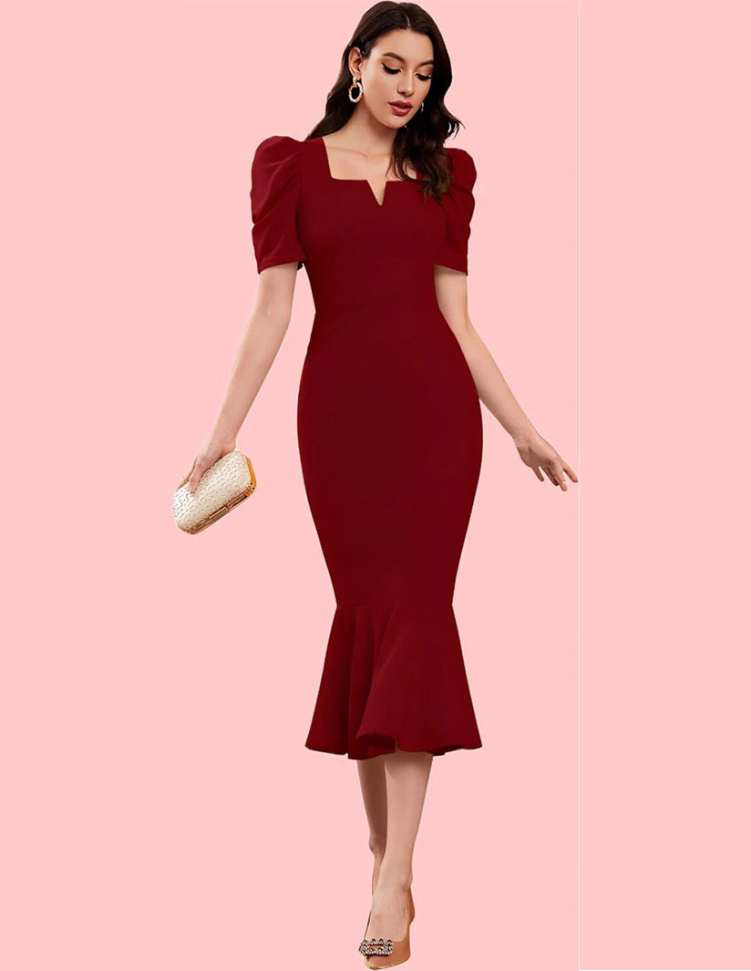 Elegant Maroon Mermaid Midi Dress with Puff Sleeves and Notch Neckline