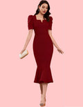 Elegant Maroon Mermaid Midi Dress with Puff Sleeves and Notch Neckline