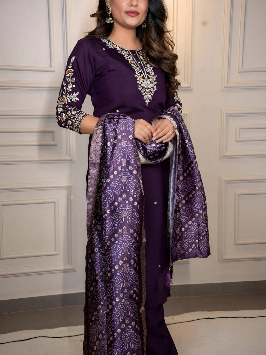 Royal Plum Embroidered Kurta Pant Set with Woven Jacquard Dupatta