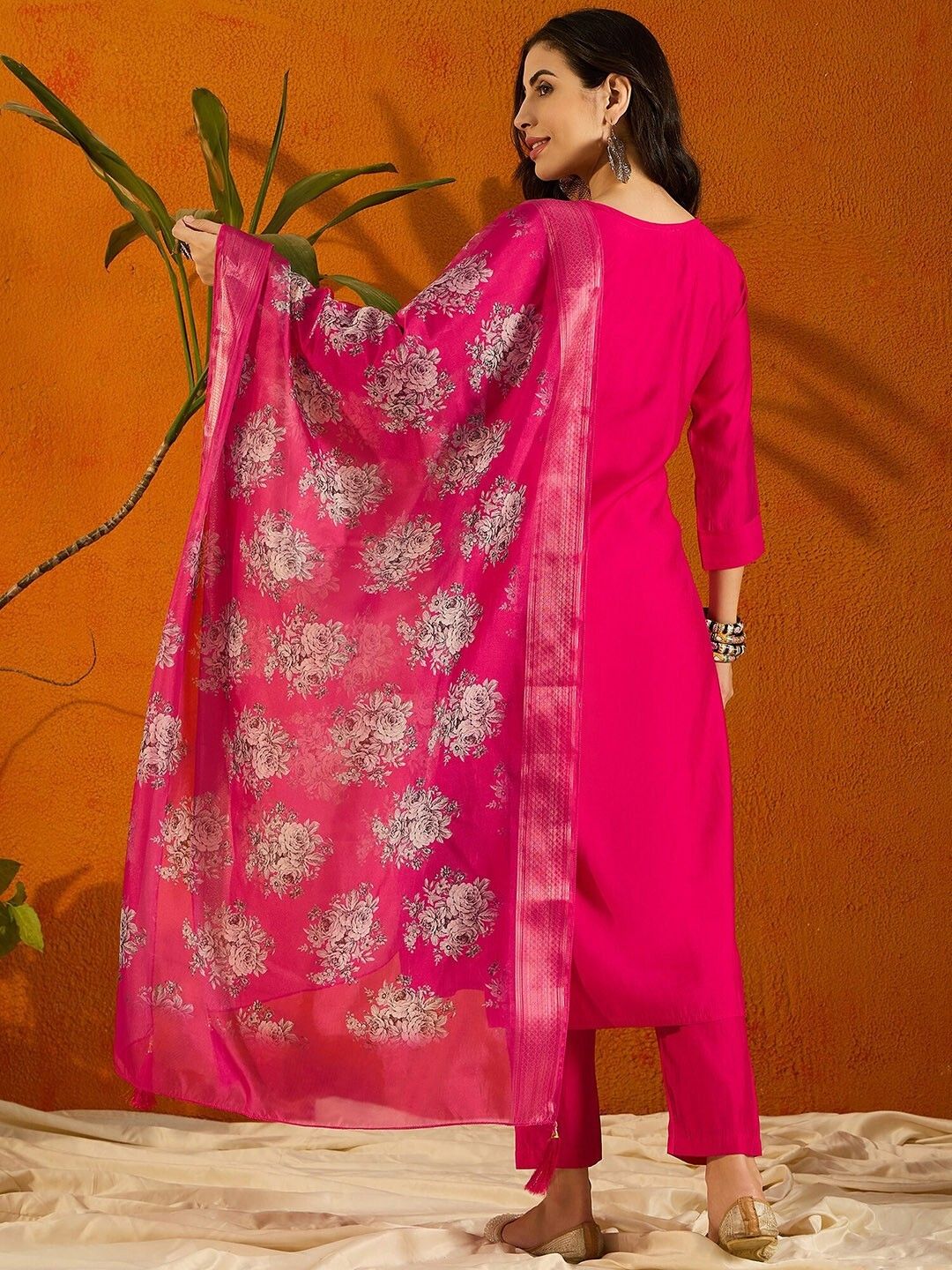 Elegant Teal Embroidered Kurta Set with Floral Organza Dupatta