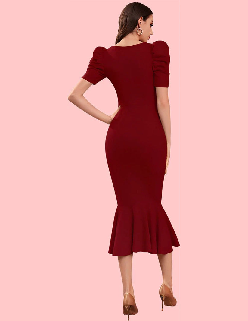 Elegant Maroon Mermaid Midi Dress with Puff Sleeves and Notch Neckline