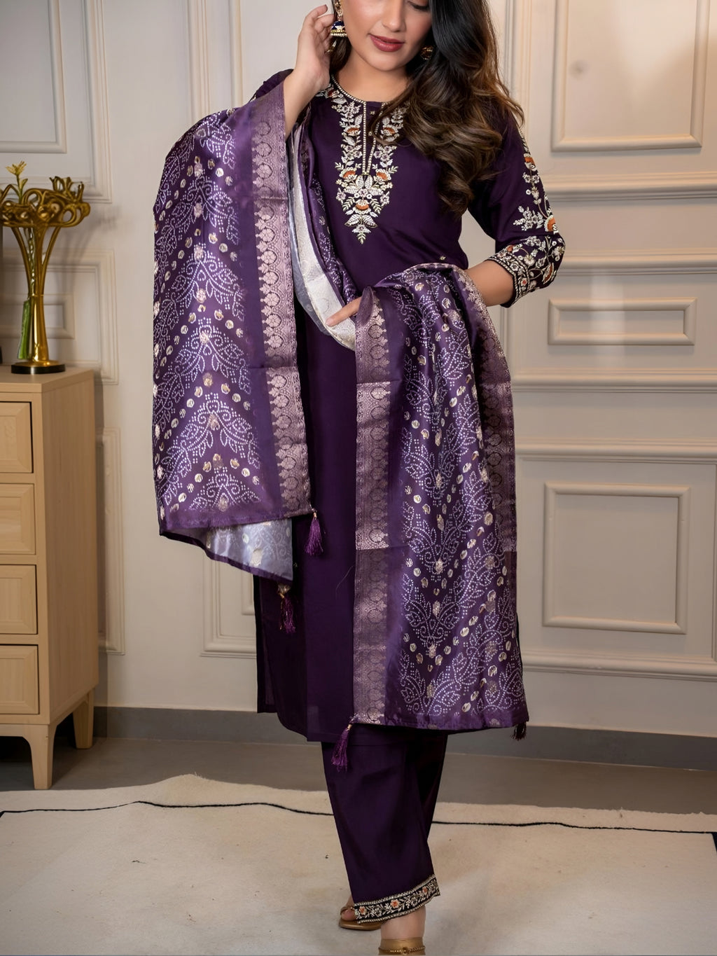 Royal Plum Embroidered Kurta Pant Set with Woven Jacquard Dupatta