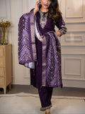 Royal Plum Embroidered Kurta Pant Set with Woven Jacquard Dupatta
