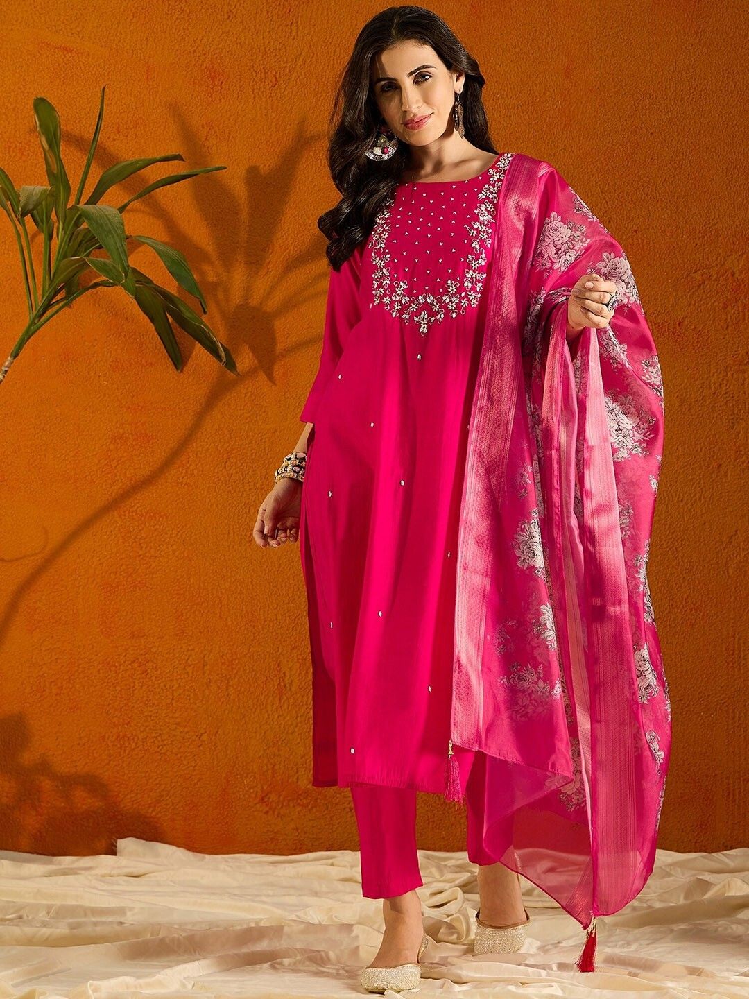 Radiant Fuchsia Embroidered Kurta Set with Floral Dupatta