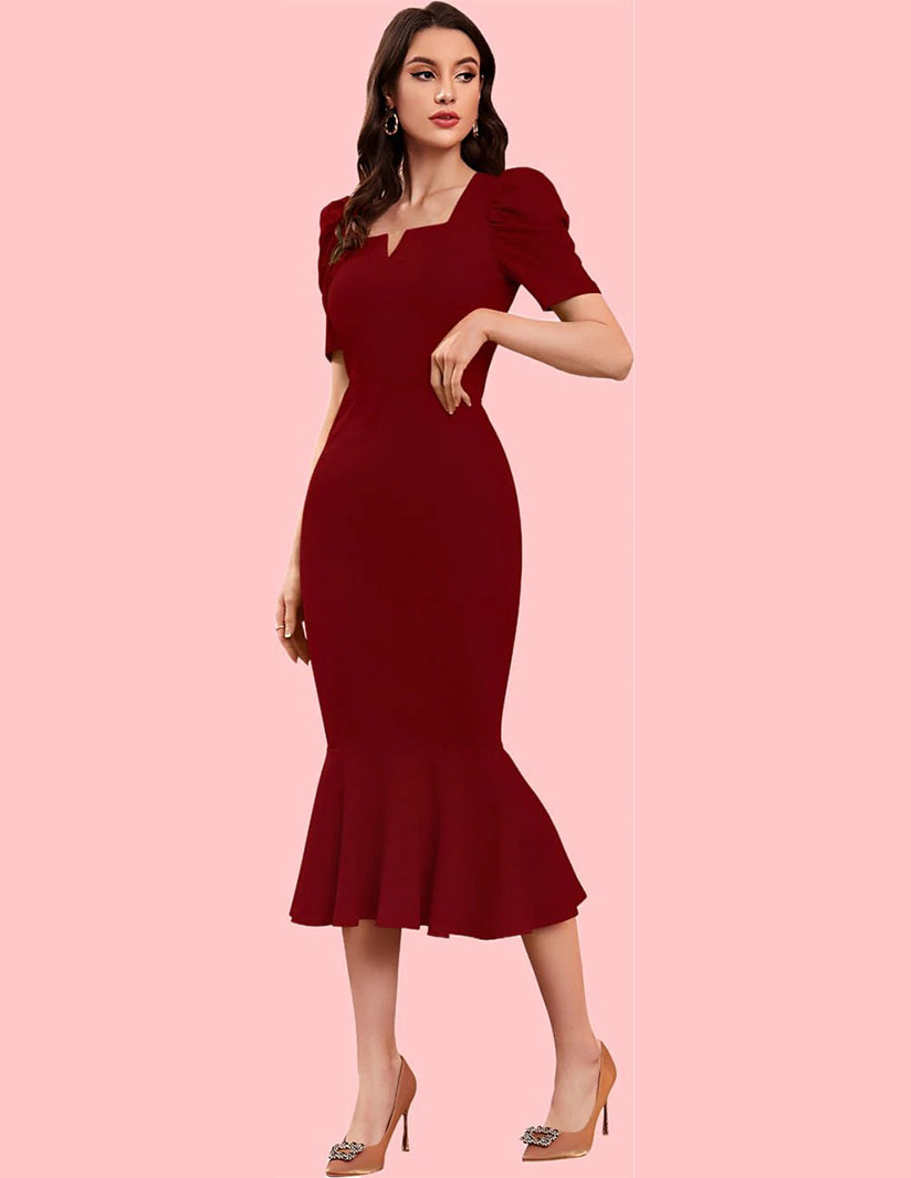 Elegant Maroon Mermaid Midi Dress with Puff Sleeves and Notch Neckline