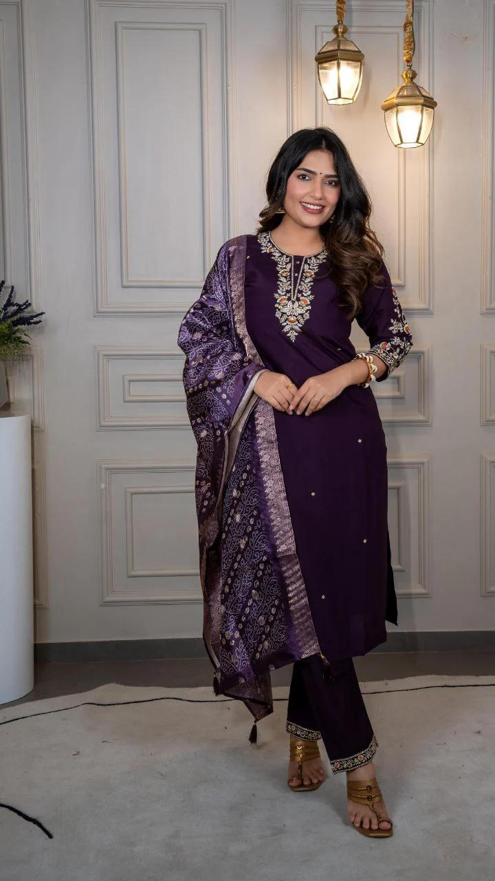 Royal Plum Embroidered Kurta Pant Set with Woven Jacquard Dupatta