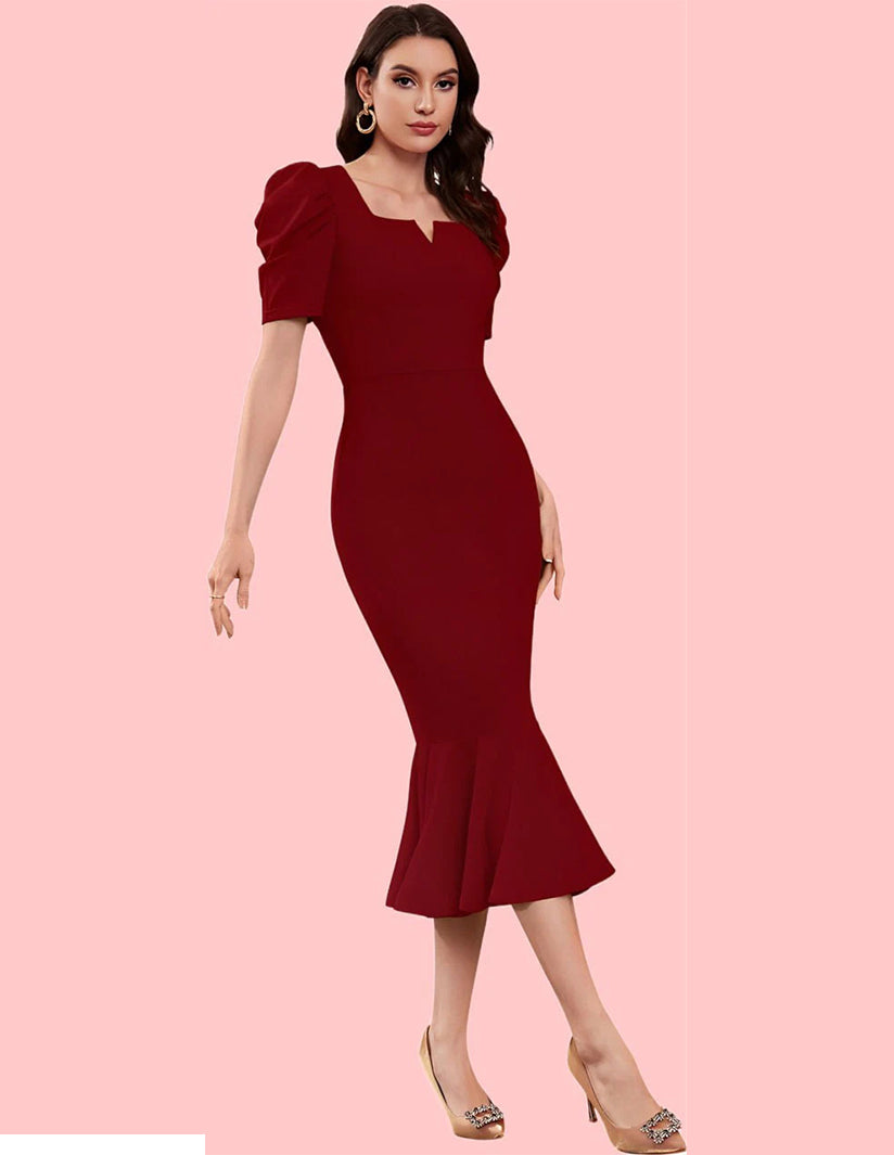 Elegant Maroon Mermaid Midi Dress with Puff Sleeves and Notch Neckline