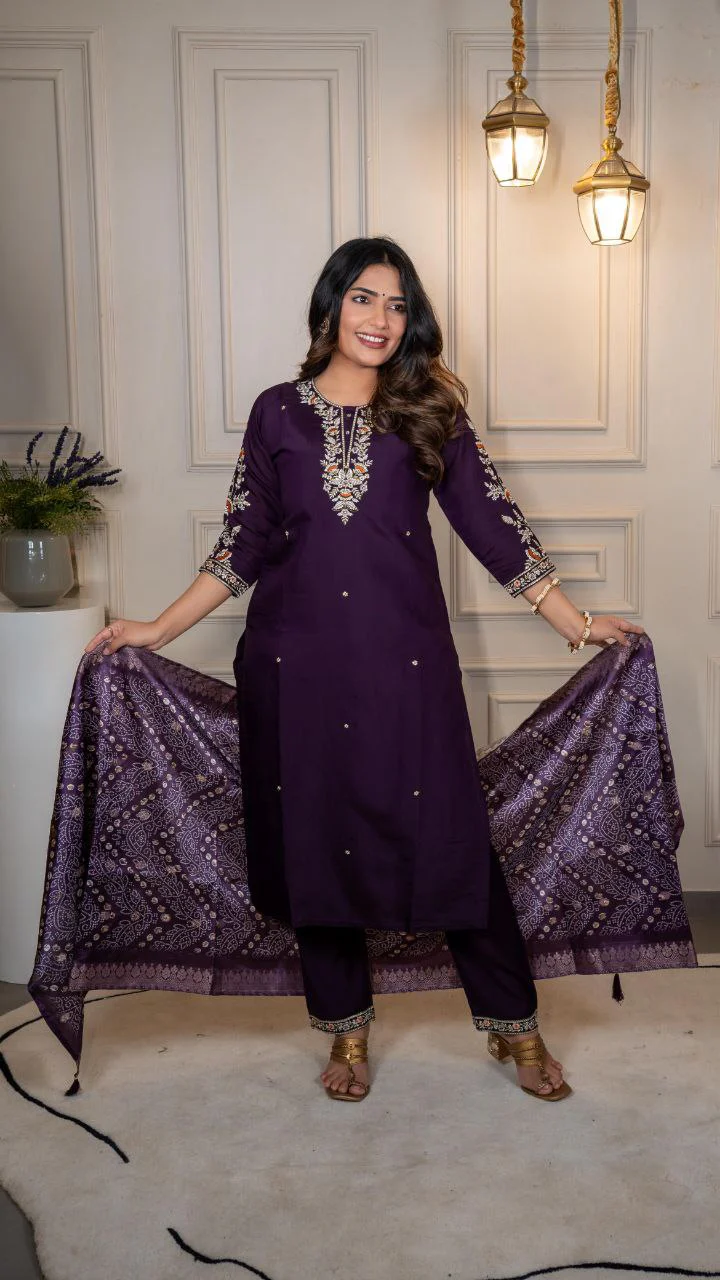 Royal Plum Embroidered Kurta Pant Set with Woven Jacquard Dupatta