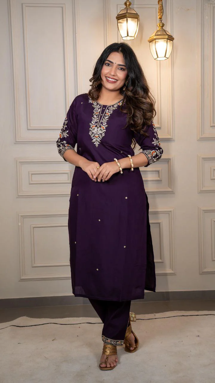 Royal Plum Embroidered Kurta Pant Set with Woven Jacquard Dupatta