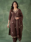 Elegant Chocolate Brown Embroidered Kurta Set with Dupatta for Women