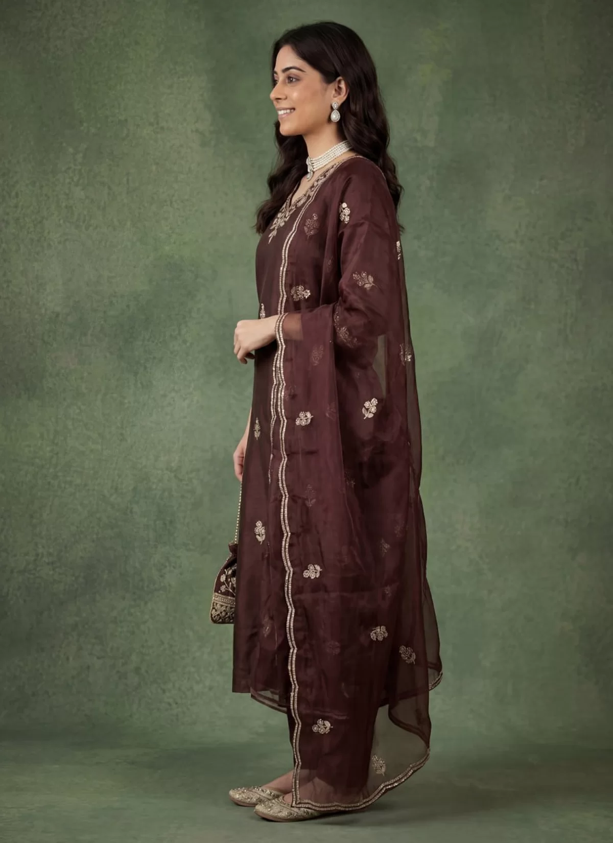 Elegant Chocolate Brown Embroidered Kurta Set with Dupatta for Women