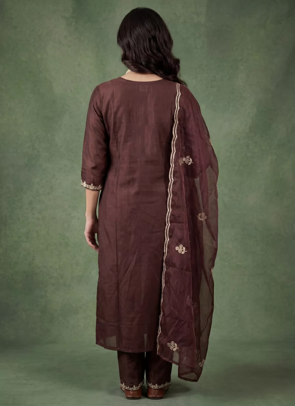 Elegant Chocolate Brown Embroidered Kurta Set with Dupatta for Women