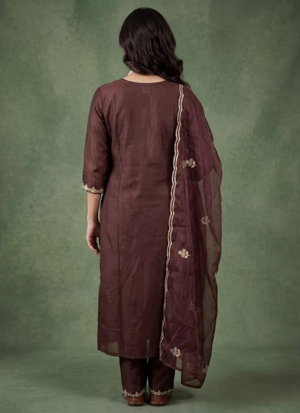 Elegant Chocolate Brown Embroidered Kurta Set with Dupatta for Women