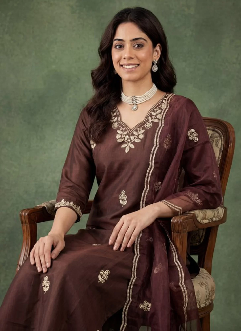 Elegant Chocolate Brown Embroidered Kurta Set with Dupatta for Women
