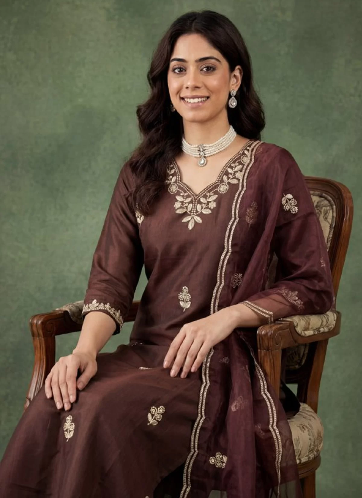 Elegant Chocolate Brown Embroidered Kurta Set with Dupatta for Women