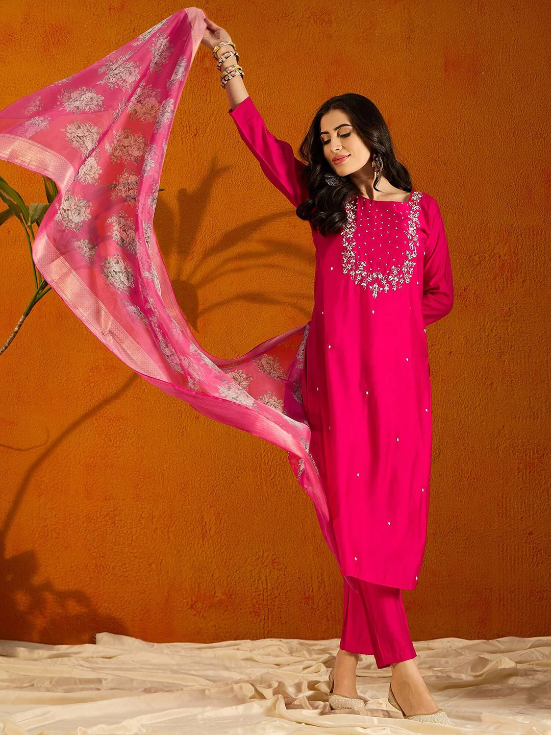 Elegant Teal Embroidered Kurta Set with Floral Organza Dupatta