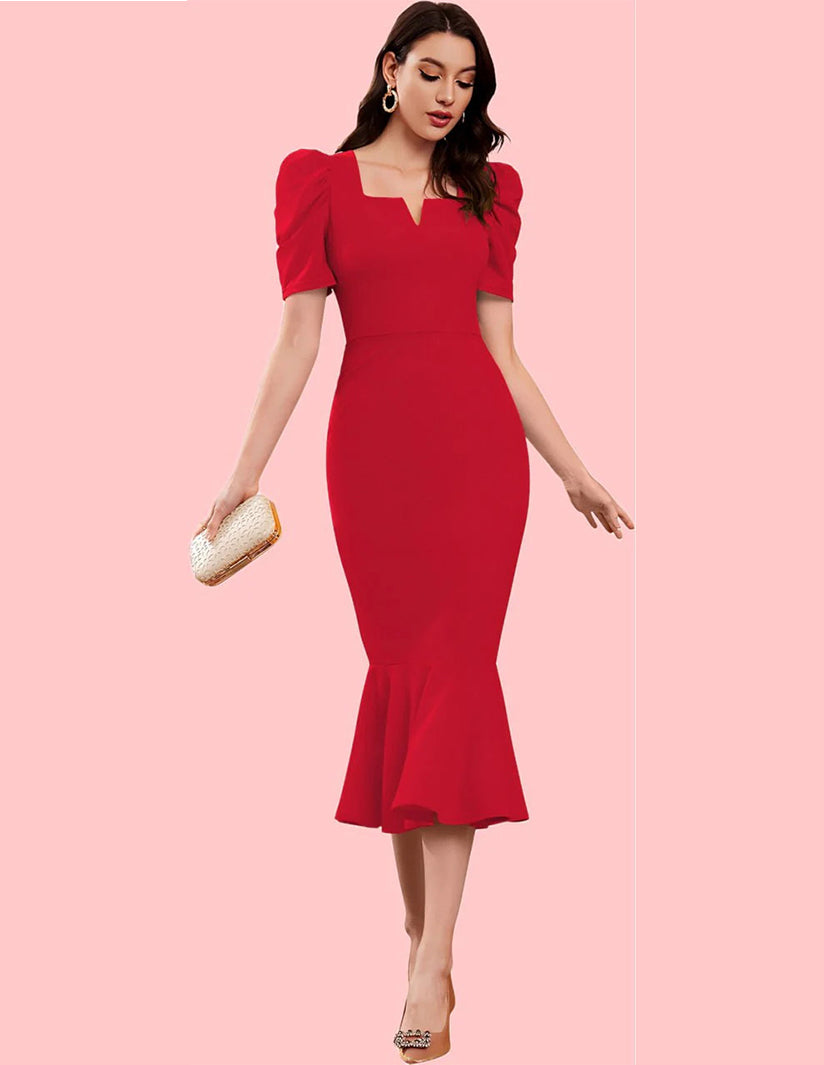 Elegant Red Mermaid Midi Dress with Puff Sleeves and Notch Neckline