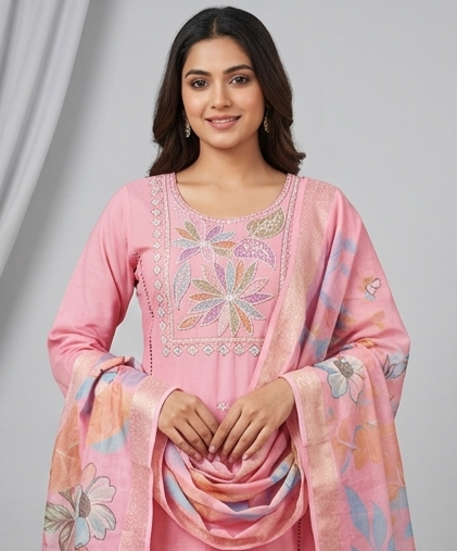 Elegant Pink Kurta Set with Floral Dupatta