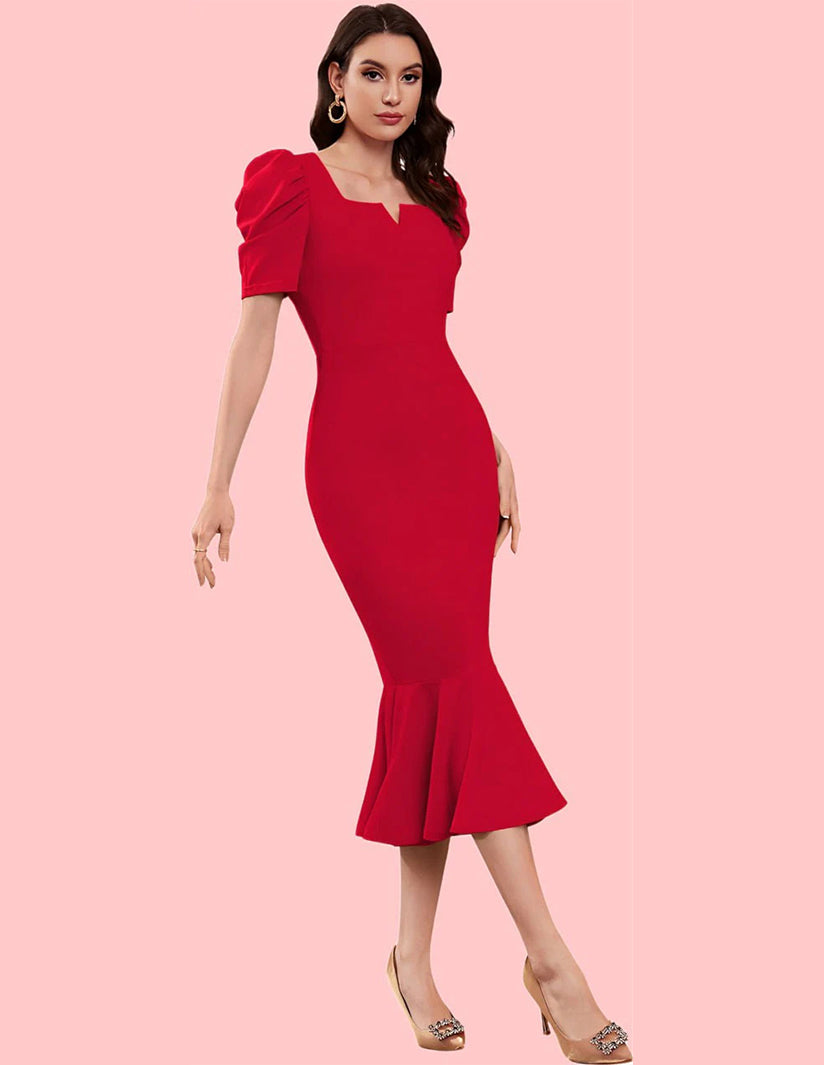 Elegant Red Mermaid Midi Dress with Puff Sleeves and Notch Neckline