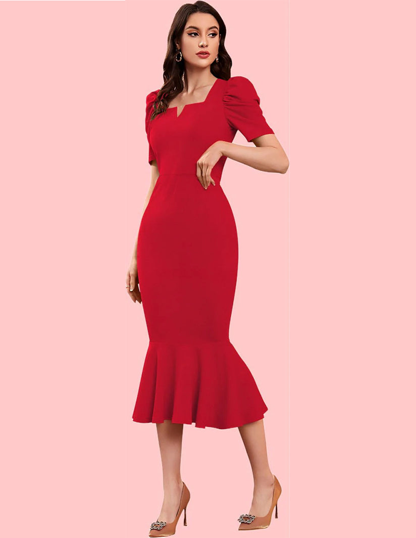 Elegant Red Mermaid Midi Dress with Puff Sleeves and Notch Neckline