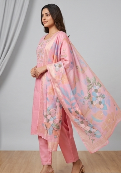 Elegant Pink Kurta Set with Floral Dupatta