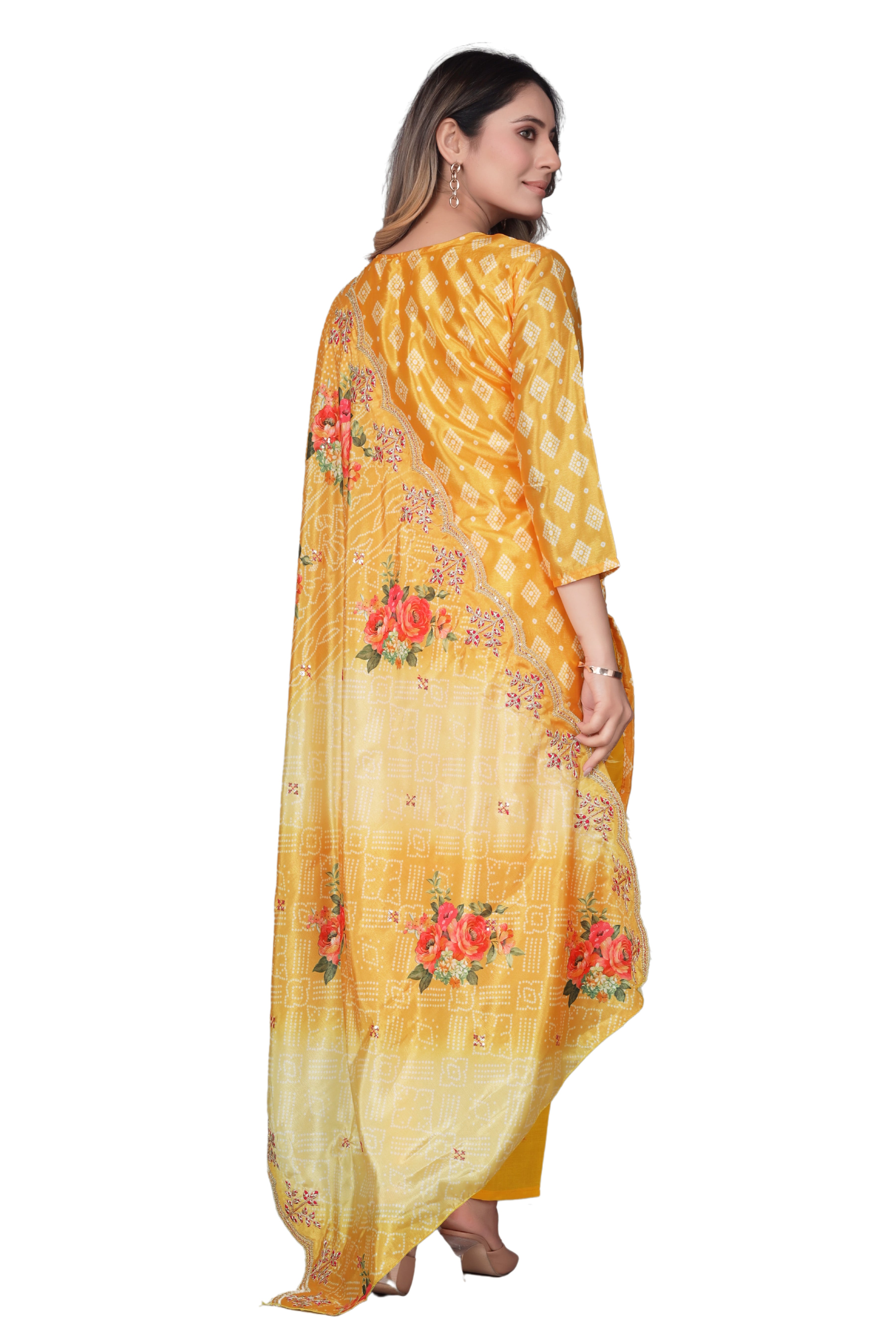 Yellow Printed Kurta Set with Embroidered Neckline & Dupatta