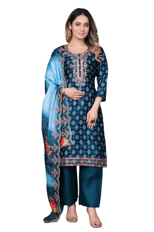Navy Blue Printed Kurta Set with Embroidered Neckline & Dupatta
