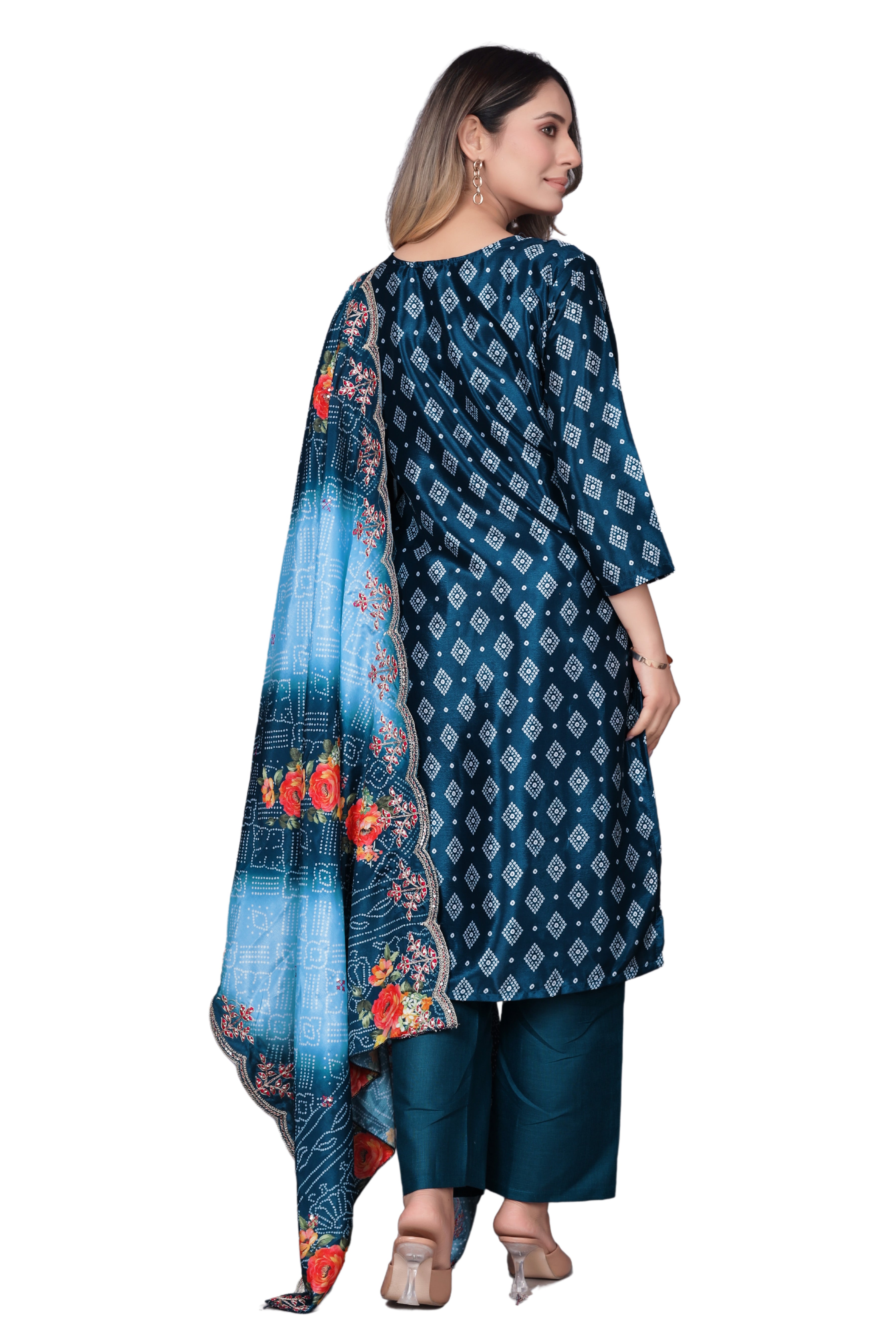 Navy Blue Printed Kurta Set with Embroidered Neckline & Dupatta