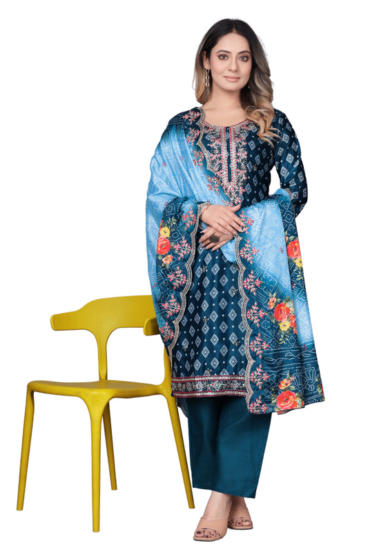 Navy Blue Printed Kurta Set with Embroidered Neckline & Dupatta