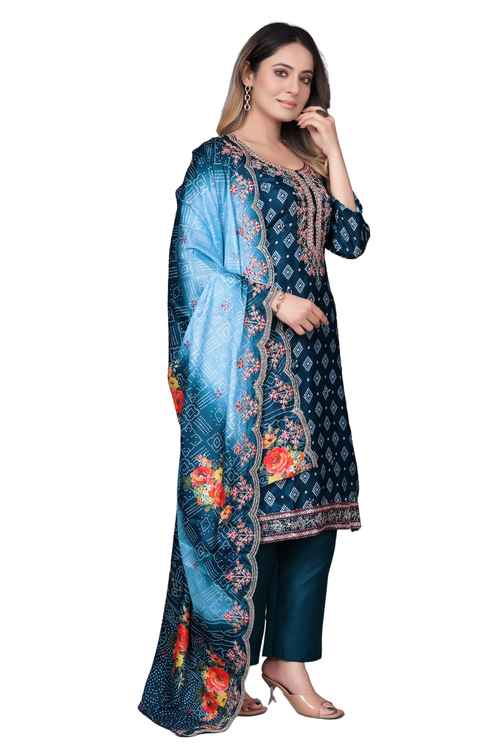 Navy Blue Printed Kurta Set with Embroidered Neckline & Dupatta