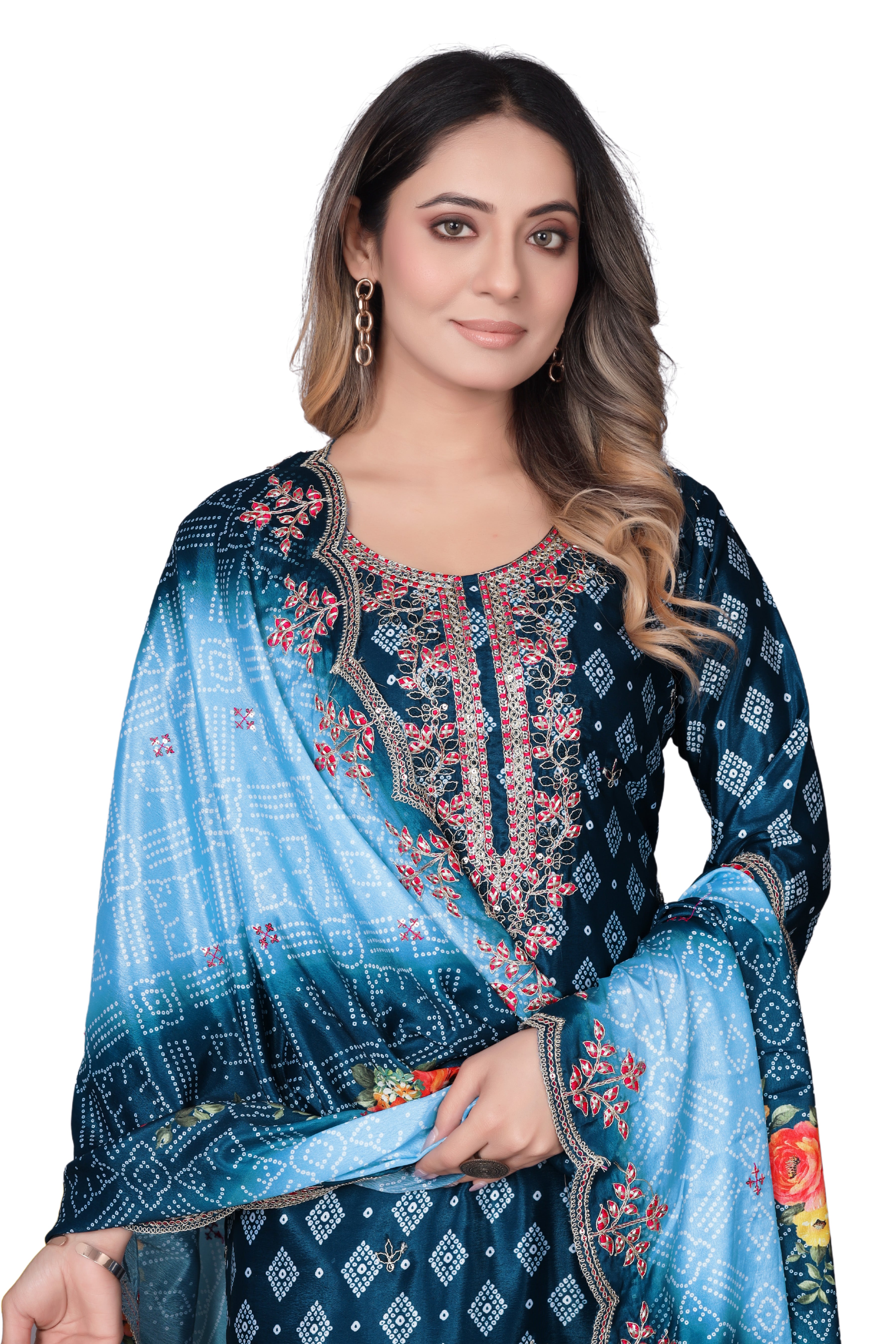 Navy Blue Printed Kurta Set with Embroidered Neckline & Dupatta