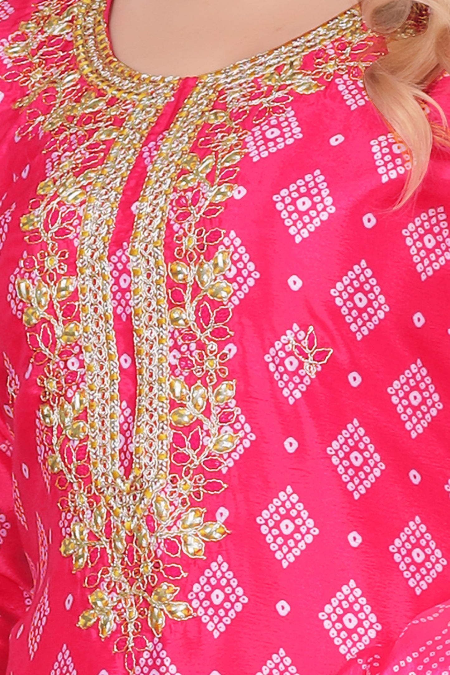 Pink Printed Kurta Set with Embroidered Neckline & Dupatta