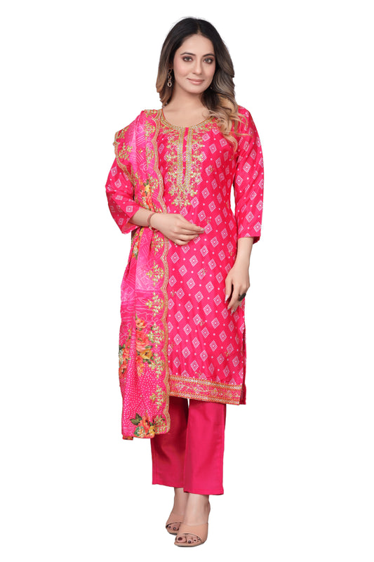 Pink Printed Kurta Set with Embroidered Neckline & Dupatta