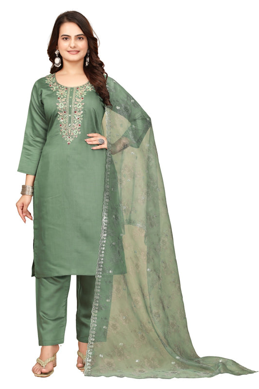 Green Embroidered Straight-Cut Salwar Suit Set