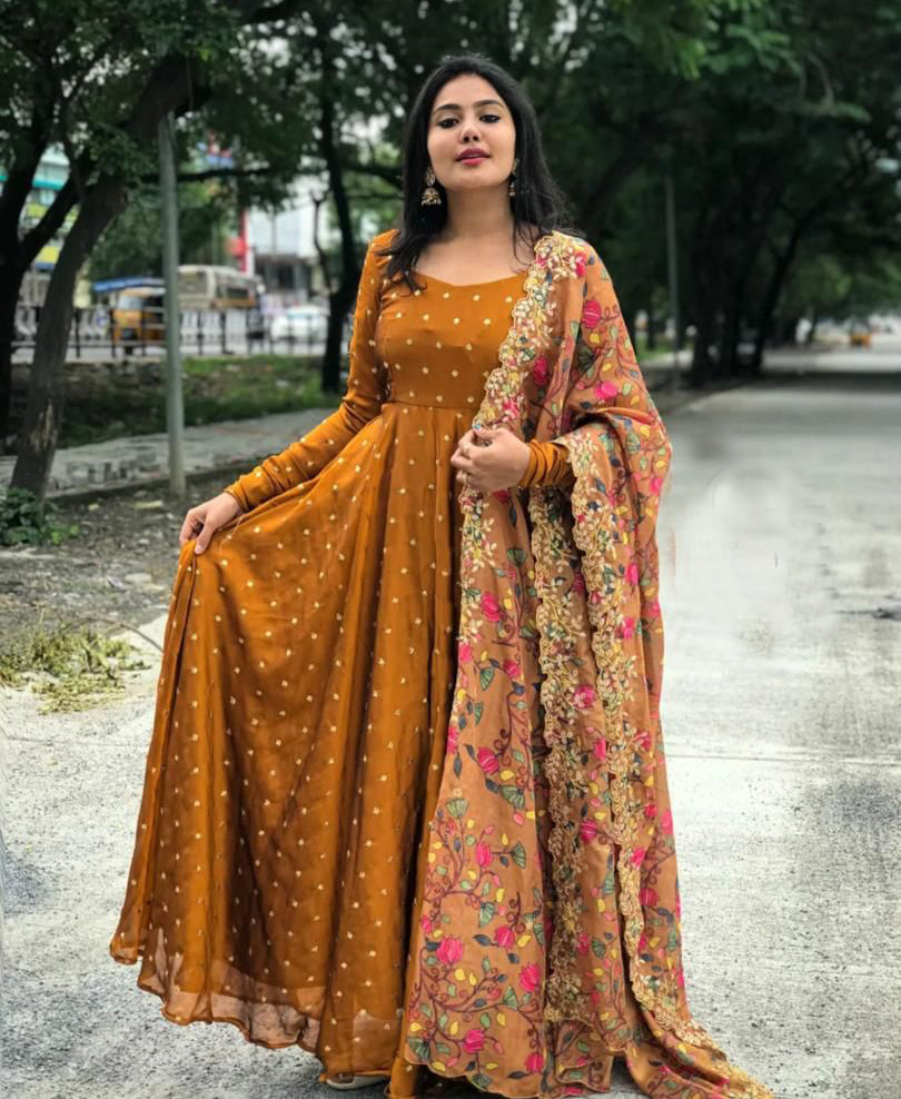 Elegant Mustard Anarkali Kurti with Floral Embroidered Dupatta - Festive & Ethnic Wear for Women